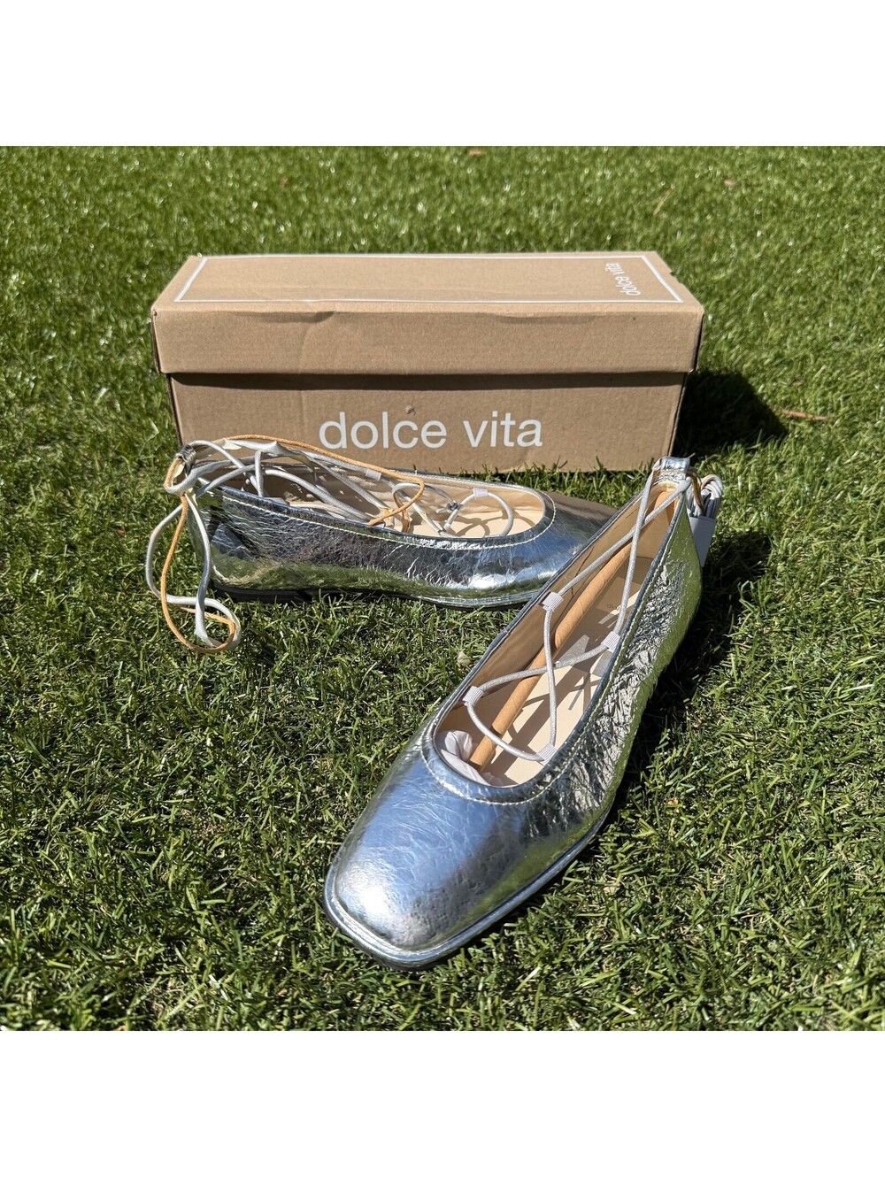 Dolce Vita Ryder Silver Leather Lace Up Ballet Flats